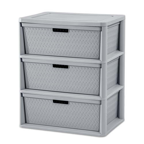 Sterilite Wide 3 Drawer Tower, Plastic Storage Organizer with Removable Decorative Bins, Easy to Assemble - No Tools Needed, Gray