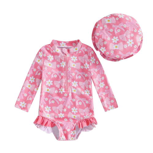 TZEWGL Newborn Girl Swimsuit Girls Long Sleeve Swimsuit Romper With Hat Bathing Suit Beach Rash Guard for Kids 0-3 Months