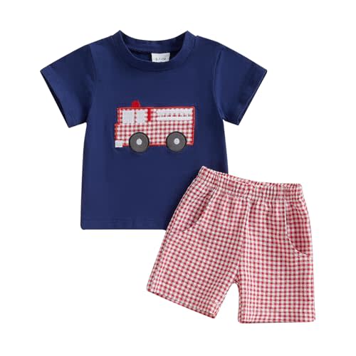 Toddler Baby Boy Firetruck Outfit Fire Truck T Shirt Top Red Gingham Shorts Set 2Pcs Birthday Summer Clothes