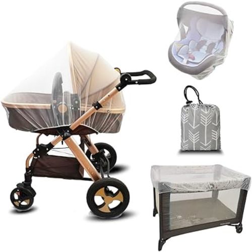 Baby Mosquito Net for Stroller with Storage Bag, Stroller Netting Mosquito with Organizer for Cribs, Infant car seat Insect mesh net, Easy Installation,Black Pink White (White)