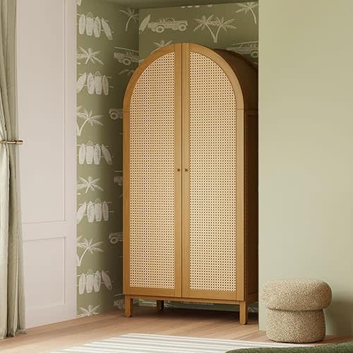 Babyletto Bondi Cane Armoire Wardrobe Closet with Doors | Modern Pre-Assembled Spacious Wooden Wardrobe Cabinet w/ 4 Storage Shelves | Wood Closets for Bedroom & Nursery - Honey