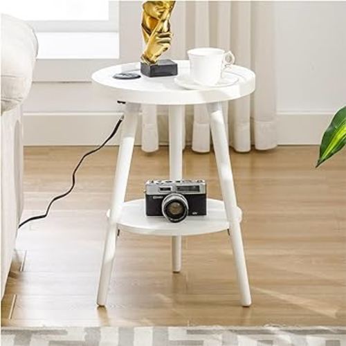 Forevich Small End Table with Charging Station Round Side Table with USB Ports 2-Tier Storage Shelf Solid Bamboo Wood Nightstand for Living Room Bedroom White