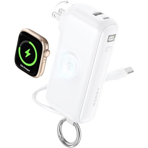 RORRY Flow Portable Charger, 10000mAh 40W Fast Charging Power Bank with Built-in USB C Cable and Foldable Wall Plug, Battery Pack Travel Essentials for iPhone 17/16/15, Apple Watch, iPad, MacBook