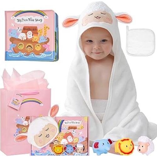 My First Noahs Ark 7 pcs Baptism Gift Set, Dedication, Christening and Baptism Gifts for Girl and Newborn Baby, Includes Washcloth and Hooded Towel,Baby Bath Book, 3 Bath Toys and Gift Bag