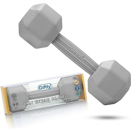 Giftty Baby Dumbbell Toy - Silicone Infant Rattle Teething Toy Teether Toddler Sensory Toy Durable Safe Exercises Workout Weight - Great Gift for Girls and Boys (1pcs 4.8oz - Gray)