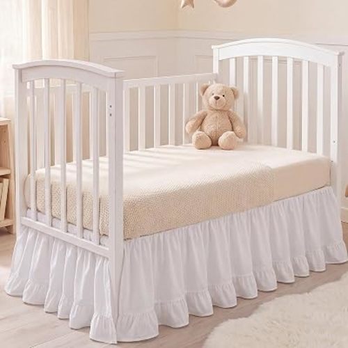 White 4-Sided Crib Skirt for Baby Girls & Boys, Washed Cotton Bed Skirt
