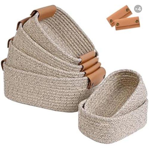 Storage Baskets for Organizing, Small Woven Basket Set of 6-4 Shelf Basket with Leather Handle and 2 Small Gift Baskets, Cotton Rope Basket for Shelves, Nursery, Dog Toy, Bathroom