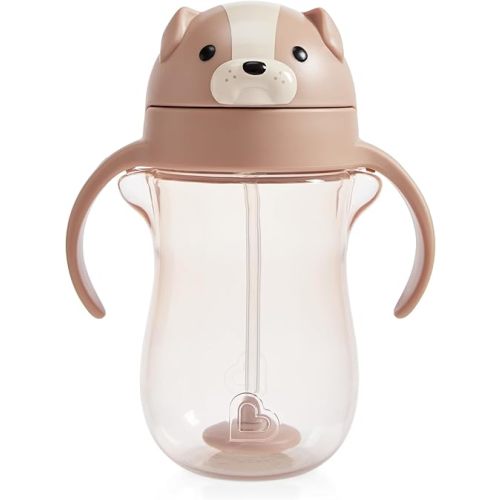 Munchkin Any Angle Spill Proof Weighted Straw Trainer Cup, Transition Sippy Cups for Toddlers and Babies, Click Lock Technology & Fun Dog Design, 10 Ounce, Brown