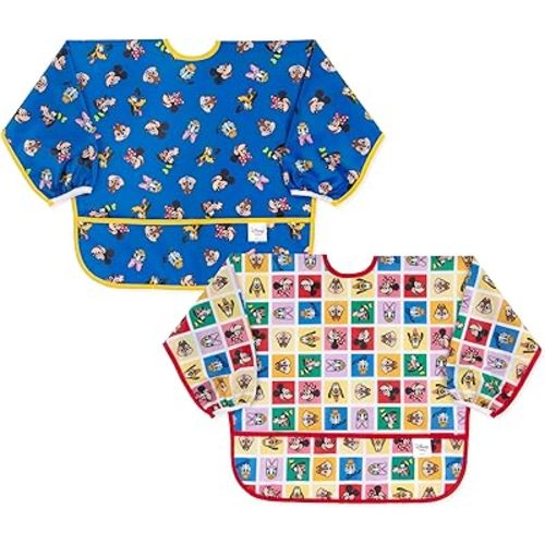 Bumkins Disney Sleeved Baby Bib – Long Sleeve Waterproof Fabric Feeding Smock with Crumb Catcher Pocket, Adjustable Toddler Apron for Baby Led Weaning, for Ages 6–24 Months, Mickey and Friends 2-pack