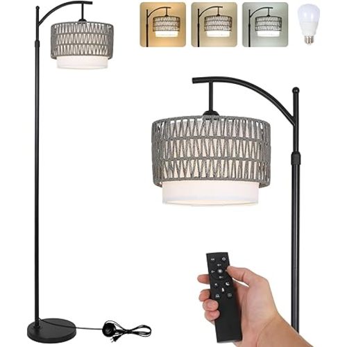 Floor Lamps for Living Room, Arc Standing Lamp with Remote & Dimmable Bulb, Boho Rattan Floor Lamp for Bedroom with 3 Color Temperatures, Farmhouse Tall Lamp, Height Adjustable Stand up Lamp