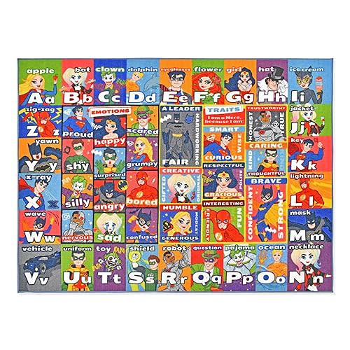 DC Super Friends Educational Kids Rug – ABC Alphabet, Emotions & Hero Traits Learning Mat – Social Skills Classroom, Playroom & Bedroom Carpet 8x10
