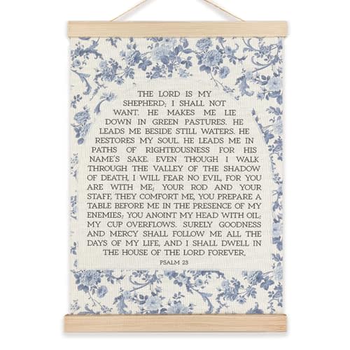 LZYRF Christian PSALM 23 Wall Art Poster Framed, Bible Verse Decor, Blue and White Chinoiserie The Lord Is My Shepherd Religious Canvas Prints Wall Decor for Home Church Prayer Room, 12x16 Inch
