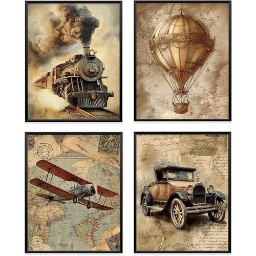 VONTP Vintage Train Hot Air Balloon Airplane Car Wall Art Decor, Antique Vehicle Boy Nursery Prints Poster Wall Decorations for Kids Boys Bedroom Room Playroom Home, 8x10 Inch Set of 4 (Unframed)
