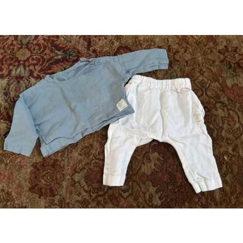 Linen baby outfit 3-6 months natural fiber "Seven years ago" linen shirt pants blue white