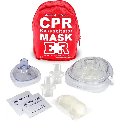 Adult and Infant CPR Mask Combo Kit – Includes 2 CPR Masks with One-Way Valves, Pair of Vinyl Gloves, 2 Alcohol Prep Pads – Portable Emergency CPR Kit – Red