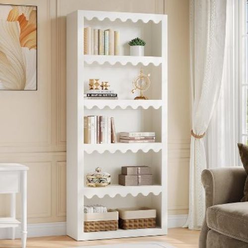 Lantine 70-Inch Tall 5-Tier Open Bookcase with Scalloped Edges, Modern Display Shelves for Living Room, Home Office, Bedroom, White