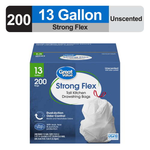 Great Value Strong Flex 13 Gallon Drawstring Tall Kitchen Trash Bags, Unscented, 200 Count