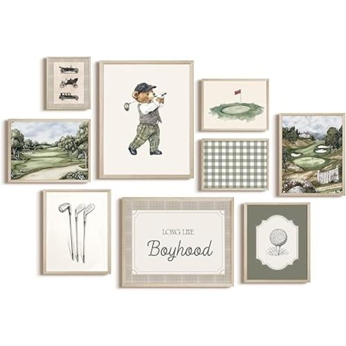 Vintage Sports Nursery Wall Art Decor Golf Teddy Bear Canvas Pictures Toddler Boy Room Wall Decor Sports Animal Poster Baby Boy Nursery Prints Vintage Golf Artwork for Bedroom 12x16x9 Inch Wood Framed