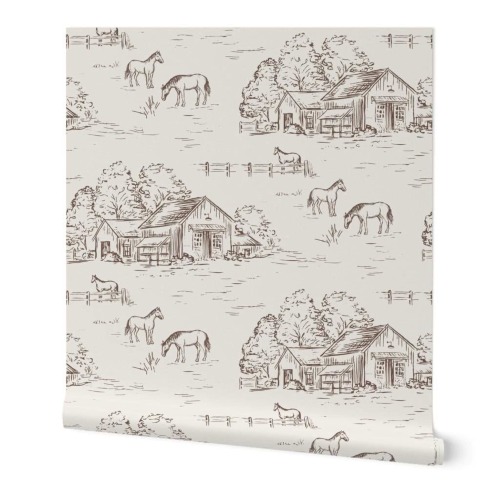 Farmhouse Horse Toile Wallpaper: Hand-Drawn Equestrian Wallcovering in Neutral Brown