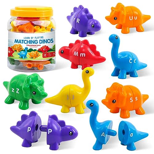 Montessori Learning Toys for Toddlers 1-3, Matching Letters Fine Motor Toy, Double-Sided 26 PCS ABC Dinosaur Alphabet Games for Kids Ages 3-5, Alphabet Learning Dinosaur Set for Kindergarten