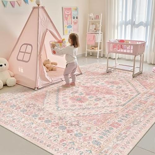 zesthome Pink Rugs for Bedroom-7x9 Area Rugs for Living Room,Girls Room | Washable Rugs for Nursery,Dining Room,Office,Low Pile,Soft, Vintage Rug,Stain Resistant Indoor Carpet,Non Slip,Home Decor