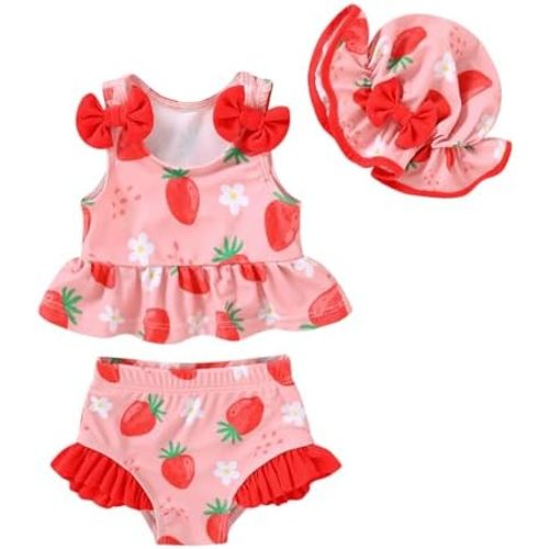 Happy Town Toddler Swimsuit Baby Girl Bathing Suit Sleeveless Bow Floral Bikini Top Ruffle Shorts with Hat Beach Swim Wear