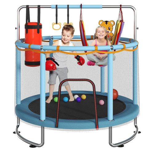 Trampoline for Kids, Upgrade Full Anti-Rust 440lbsToddler Trampoline with Net, Upgraded Ring Legs with Adjustable Gymnastics Bar&Toys, Gifts for Ages 1-8 Boys&Girls
