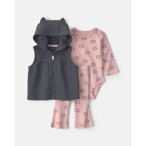 Baby Girl 3-Piece Cat Hooded Layering Set - Grey/Pink | Carter's