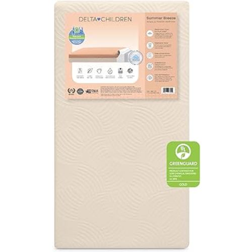Delta Children Summer Breeze Mattress - Breathable Baby Crib & Toddler Mattress with Cloud Core - Machine Washable Cover - GREENGUARD Gold – Waterproof - Sustainably Sourced Core, Apricot/White