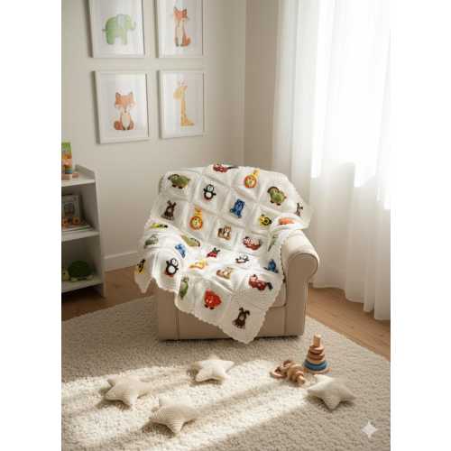 Handmade Crochet Baby Blanket: White Animal Appliqué