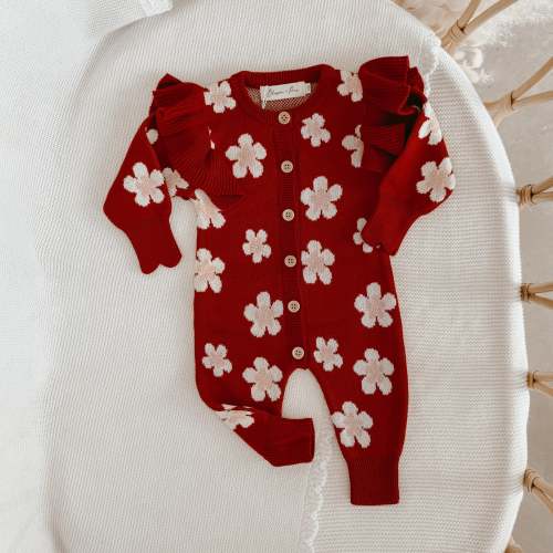 Red Posy Long Sleeve Knit Romper