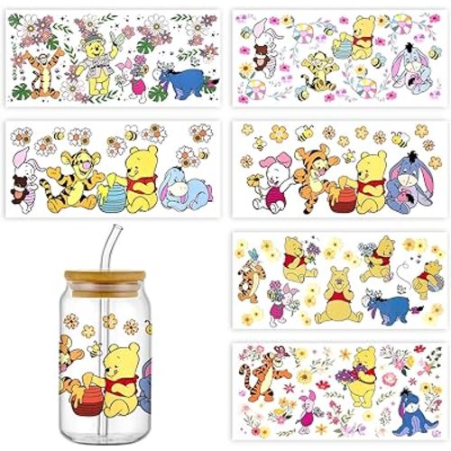 6Sheets Cartoon UV DTF Cup Wrap Transfer Stickers for 16oz Glass Cups, Rub on Transfers for Crafts Cup Decal Stickers (Bear)