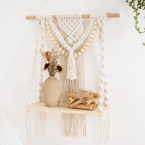UOIXPUHUO Macrame Wall Hanging Shelf Tier 1, Handmade Woven Boho Shelf Decor Macrame Wall Decor, Floating Hanging Plant Shelf Storage Organizer for Bathroom Bedroom Nursery