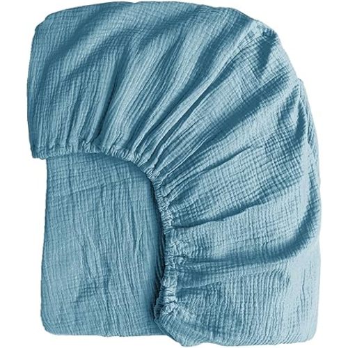 100% Muslin Cotton Lake Blue Fitted Sheet Full Only with 16" Elastic Deep Pocket, 1 Pack Soft Breathable Absorbent Gauze Double Fitted Bottom Sheet, Minimalist Fluffy Wrinkle Mattress Protector