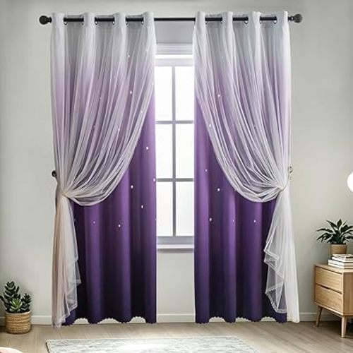 indistar Dreamy Star Cutout Blackout Curtains with White Sheer,Double Layer Curtains for Girls Bedroom, Hollow Out Drapes for Nursery (2 Panel,52Wx63L,Dark Purple)