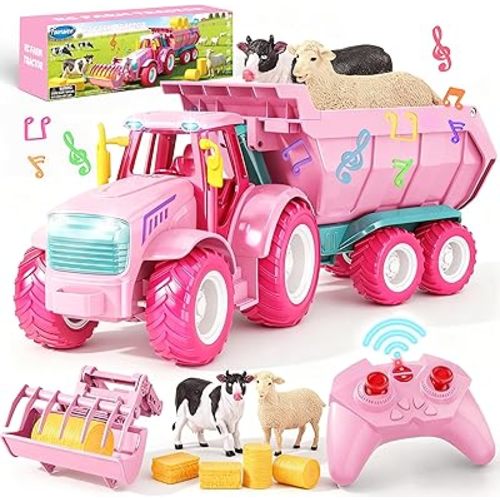 Funwee RC Farm Tractor Toy w/Light & Music, Kids Trailer Toy w/Front Loader & Farm Animal, 2.4GHz RC Tractor Truck Car for Boy Girl, Toddler Vehicle Playset Age 3-7+ Year Old Birthday Gift-Pink