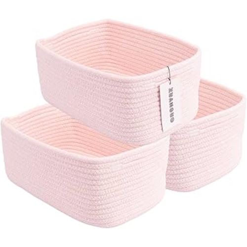 Small Woven Storage Baskets 12“X8”X5“ Decorative Rope Bins for Organizing Shelves, Closets, and Toys, Empty Gift Baskets, Cute Organizer Basket for Home and Office (pink, regular)