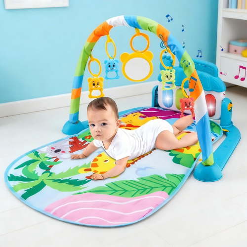 Rirozkan Baby Gym Play Mat, Activity Gym with Kick Piano and Hanging Toys, Large Tummy Time Pad, Sensory Playmat for Infants and Newborns