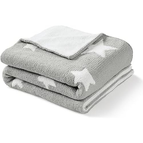 CREVENT 30"X40" Cozy Soft Warm Chenille Baby Blanket for Girls Boys, Newborn Essentials for Infant, Baby Shower Receiving Gift - Grey Star
