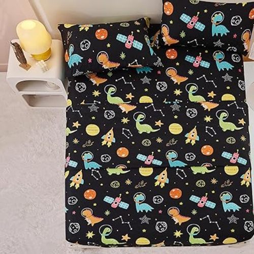 Yibeizi Space Dinosaur Full Size Sheet Set for Boys, Kids Cute Planet Printed Microfiber Bedsheet Deep Pocket Bedding Sheets & Pillowcases 4 Pieces