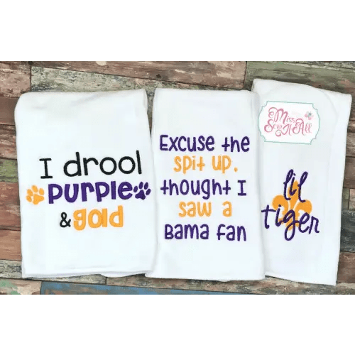 Baby Purple and Gold Tiger Burp Cloths, Tiger Football Burp Cloths, Tiger Football Baby