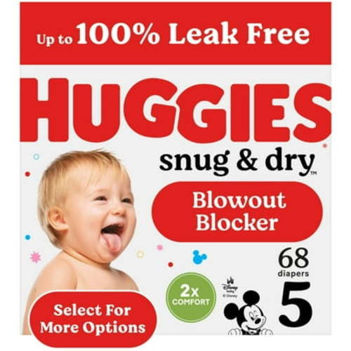 Huggies Snug & Dry, Fragrance Free Baby Diapers, Size 5 (27+ lbs), 68 Ct, Leak Proof, Wetness Indicator