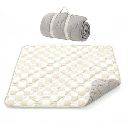 Momcozy Baby Play Mat for Floor, 50"x50" Thickened Playpen Mat, Playmate for Baby Tummy Time, Waterproof & Non-Slip, Foldable Outdoor Mat with Carrying Handle, Khaki Plaid