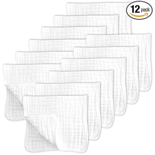 SWEET DOLPHIN 12 Pack Muslin Burp Cloths Large 100% Cotton Hand Washcloths for Baby - Baby Essentials Extra Absorbent and Soft Boys & Girls Milk Spit Up Rags for Newborn Registry - White, 20" X10"