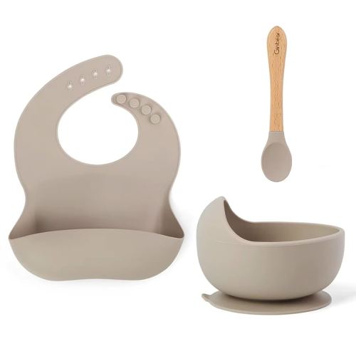 Ginbear Baby Bowls with Suction, Silicone Bibs, Self Feeding Spoons, Led Weaning Supplies, Toddler Eating Set for Ages 6 Months+ (Almond)