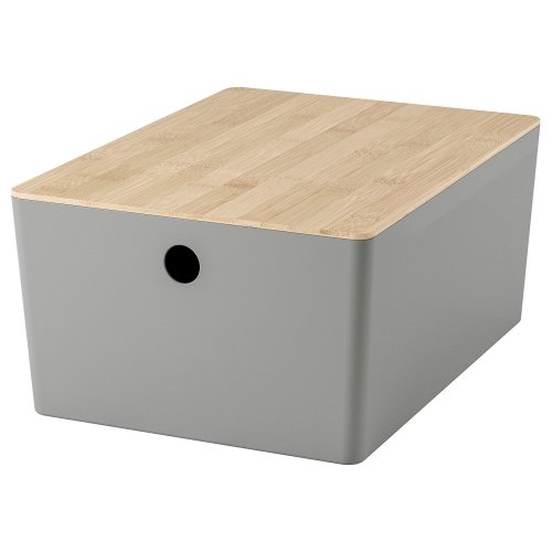 KUGGIS Box with lid - light gray/bamboo 10 ¼x13 ¾x6 "
