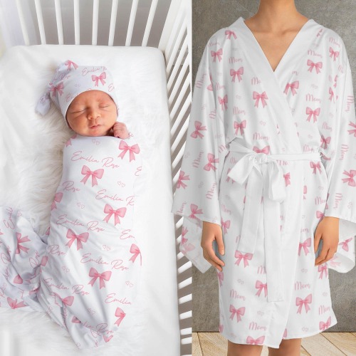 Mom Baby Girl Matching Outfit Newborn Coming Home Outfit Couquette Bow Girl Hospital Swaddle Set Baby Shower Gift Pink Ribbon Hospital Photo