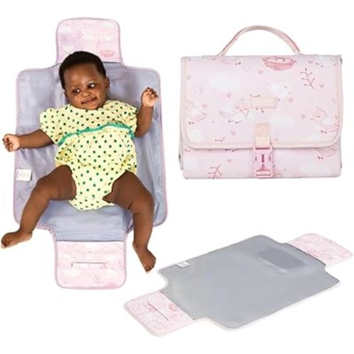 BabbleRoo Baby Changing Pad - Comfortable Portable Changing Pad, Compact, Fits in Any Diaper Bag - Lightweight and Soft with Cute Designs, Convenient Pockets, Extra Head Support – Pink Birdy