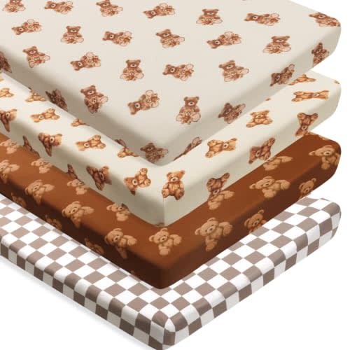 4 Pack Bear Baby Sheets Neutral Unisex Fitted Checked Nursery Baby Sheet Set Toddler Mattress Sheets for Boys or Girls (Pack N Play Sheets)
