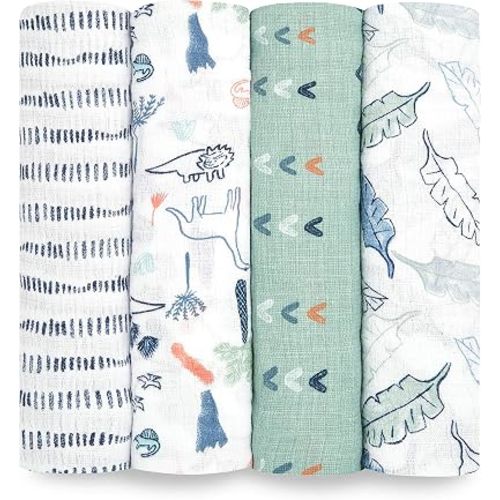 aden + anais Essentials Swaddle Blanket, Muslin Blankets for Girls & Boys, Baby Receiving Swaddles, Newborn Gifts, Infant Shower Items, Wearable Swaddling Set, 4 Pk, Dinotime